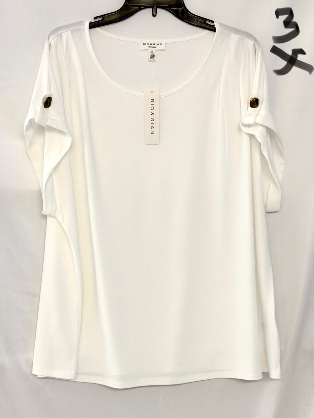 White Scoop Neck Short Sleeve Top with Button Tabs